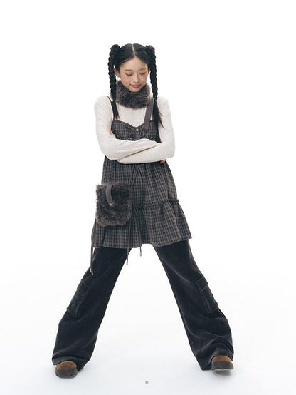 NAPSNAPS Plaid Button Ruching Ruffle Layered Women&