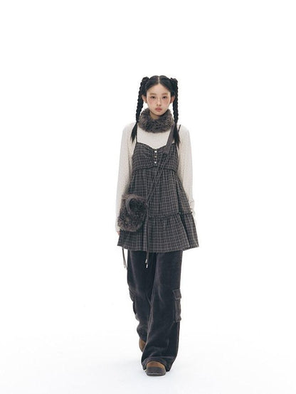 NAPSNAPS Plaid Button Ruching Ruffle Layered Women&