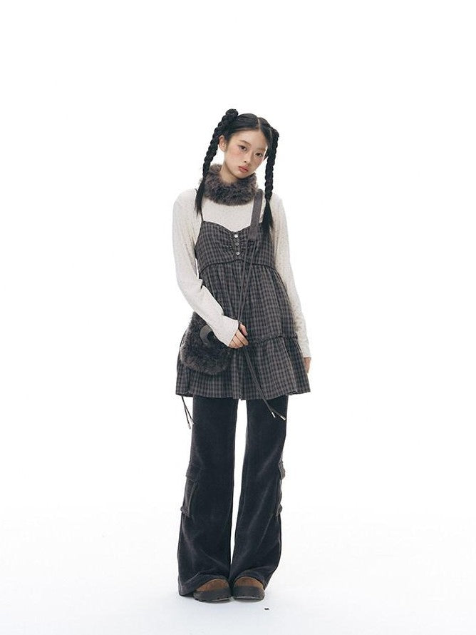 NAPSNAPS Plaid Button Ruching Ruffle Layered Women&