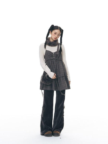 NAPSNAPS Plaid Button Ruching Ruffle Layered Women&