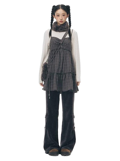 NAPSNAPS Plaid Button Ruching Ruffle Layered Women&