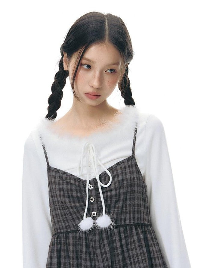 NAPSNAPS Plaid Button Ruching Ruffle Layered Women&
