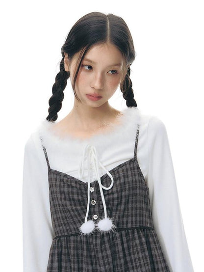 NAPSNAPS Plaid Button Ruching Ruffle Layered Women&