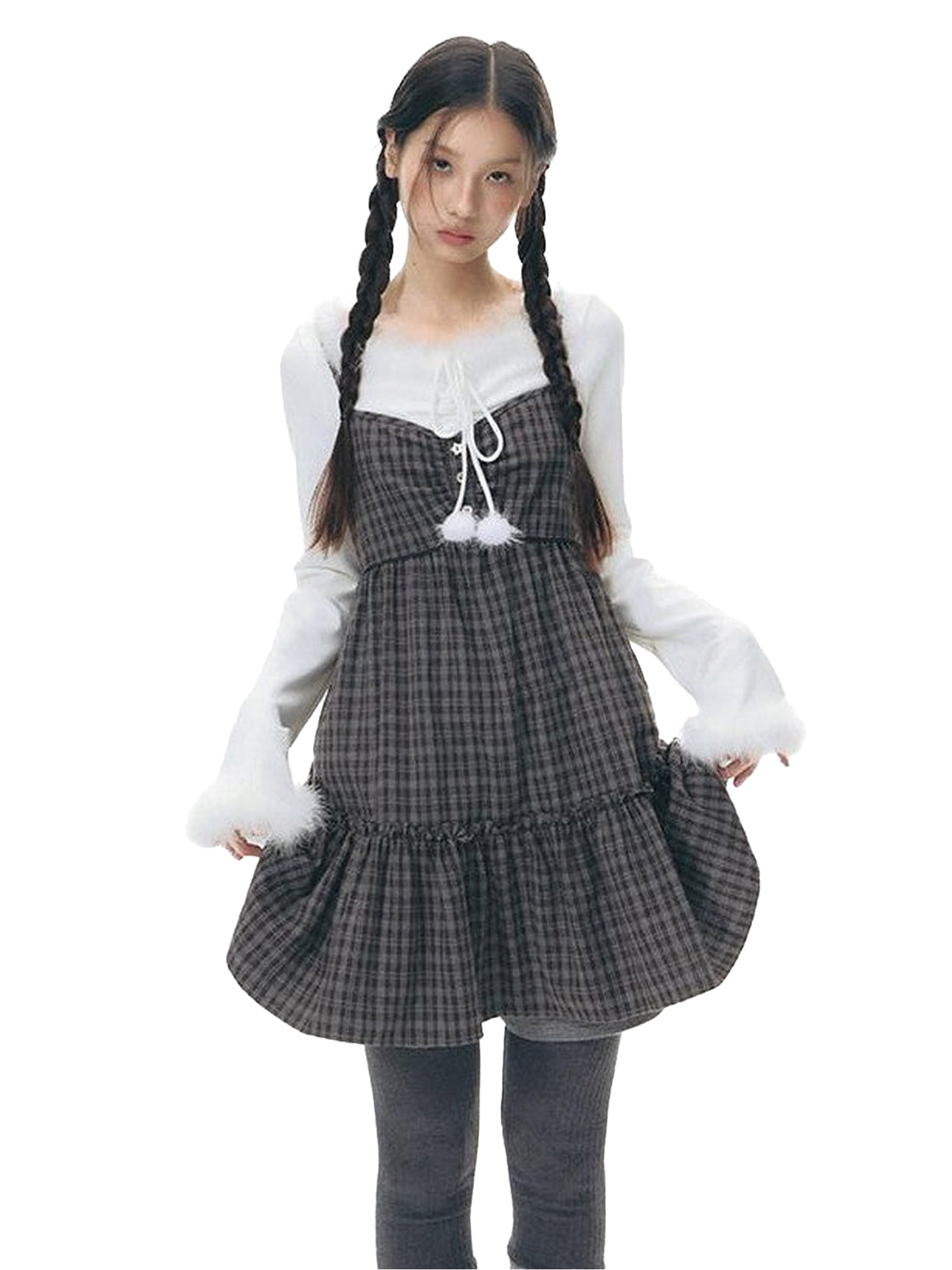 NAPSNAPS Plaid Button Ruching Ruffle Layered Women&
