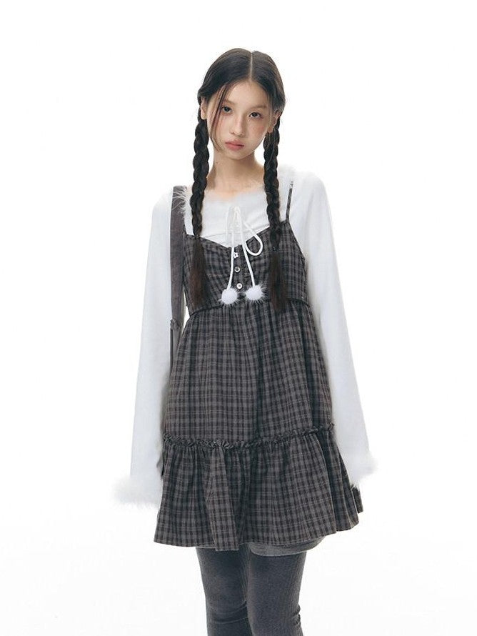 NAPSNAPS Plaid Button Ruching Ruffle Layered Women&