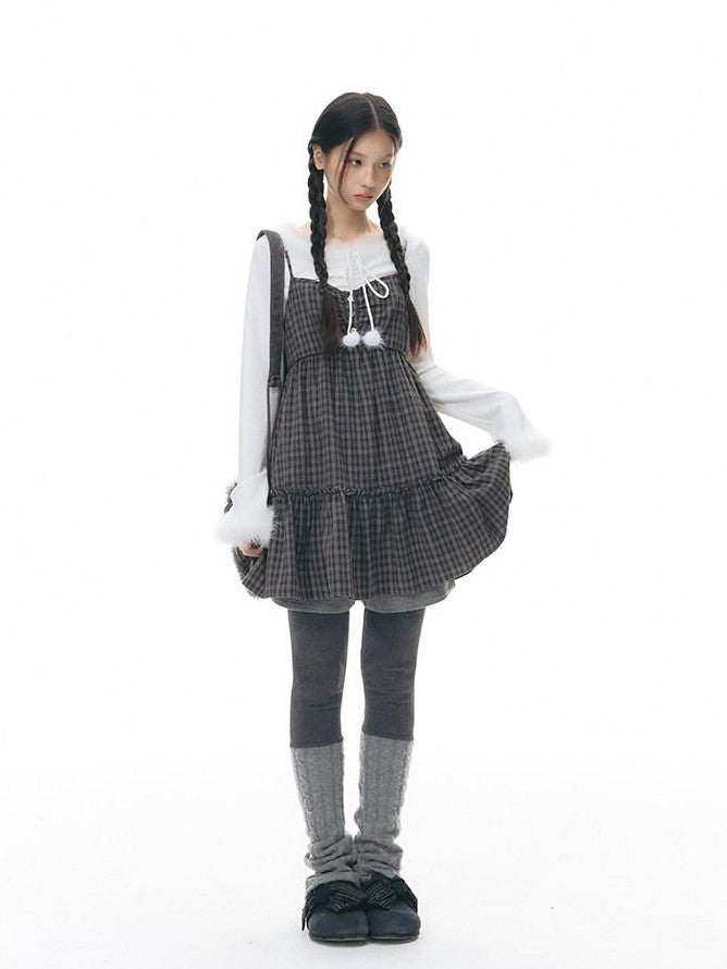 NAPSNAPS Plaid Button Ruching Ruffle Layered Women&