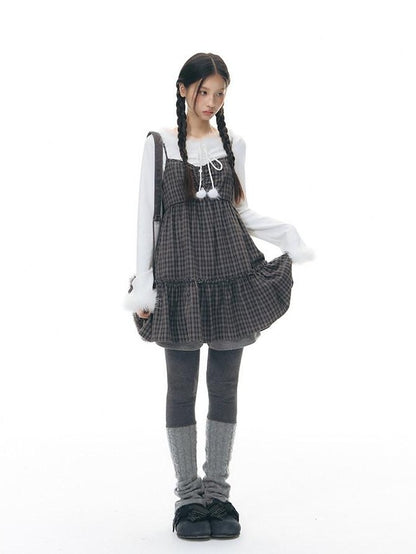 NAPSNAPS Plaid Button Ruching Ruffle Layered Women&