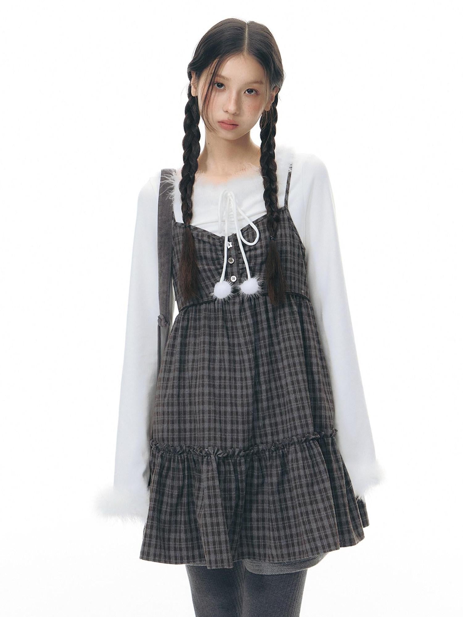 NAPSNAPS Plaid Button Ruching Ruffle Layered Women&