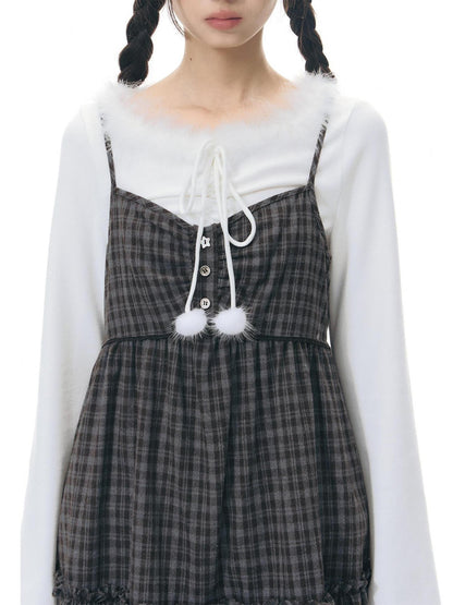 NAPSNAPS Plaid Button Ruching Ruffle Layered Women&