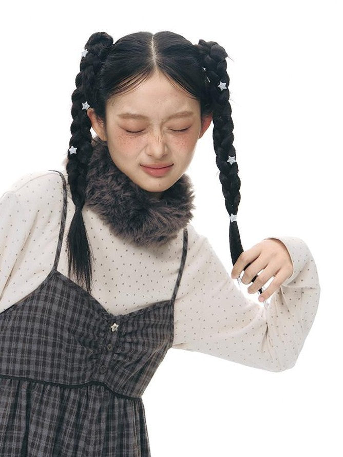 NAPSNAPS Plaid Button Ruching Ruffle Layered Women&