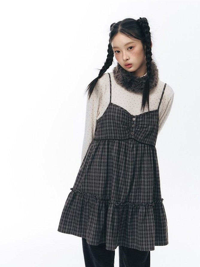 NAPSNAPS Plaid Button Ruching Ruffle Layered Women&