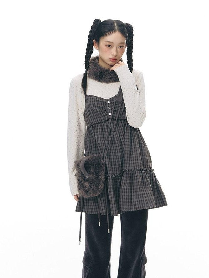 NAPSNAPS Plaid Button Ruching Ruffle Layered Women&