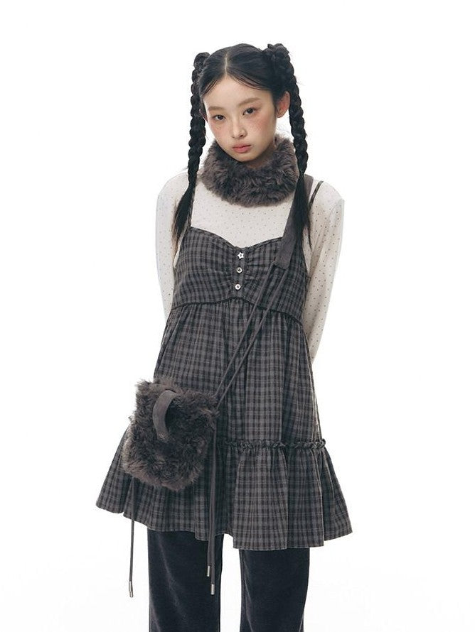 NAPSNAPS Plaid Button Ruching Ruffle Layered Women&