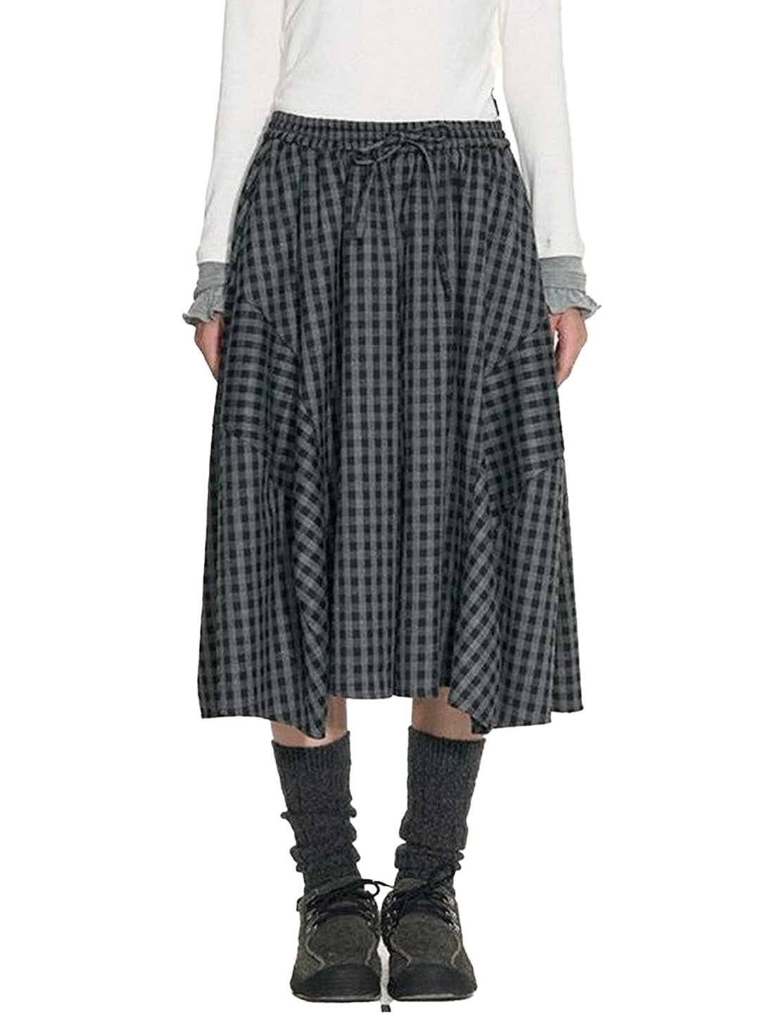 NAPSNAPS Plaid Cocoon A Line Elastic Waist Pockets Loose Women&