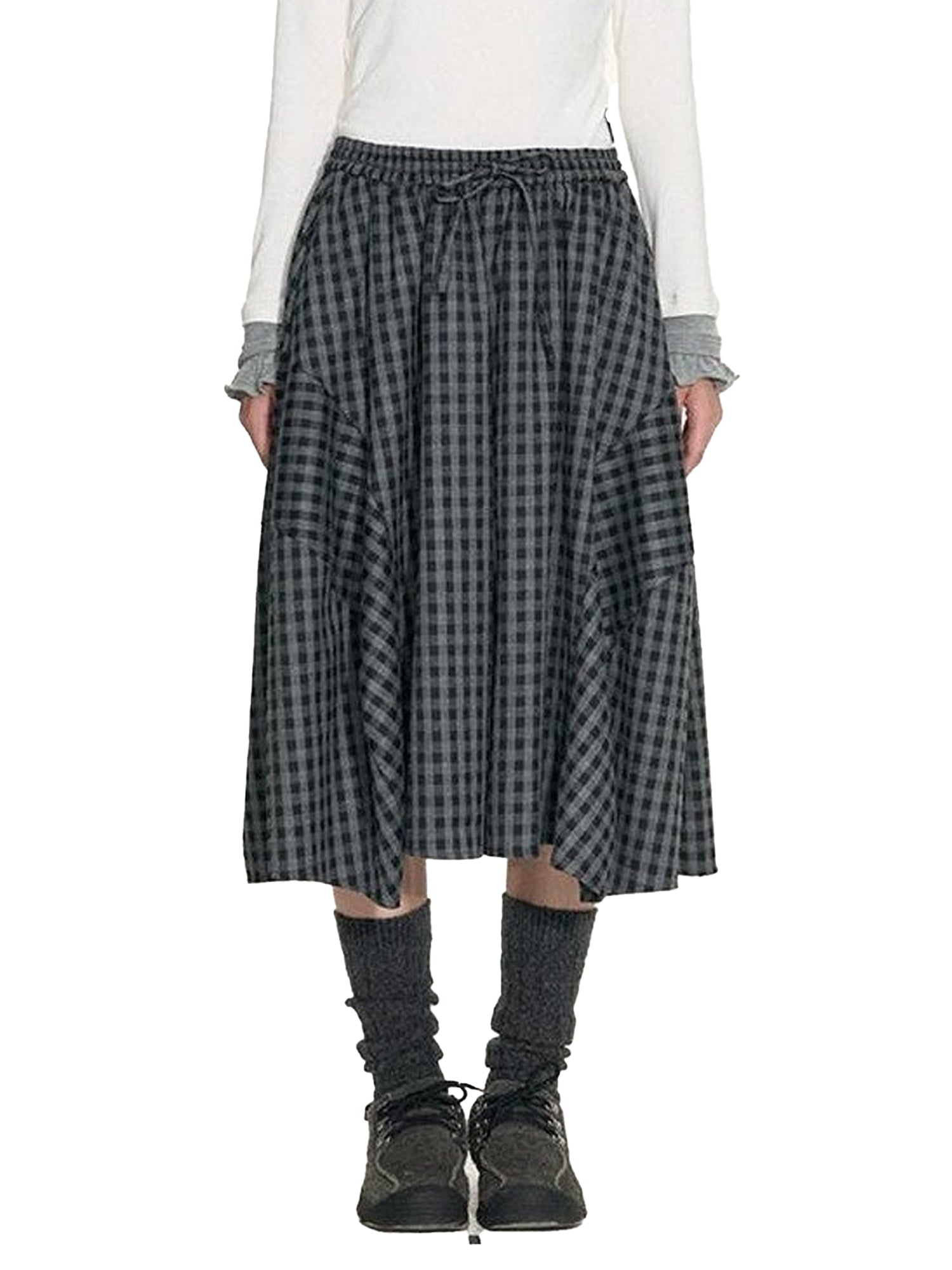 NAPSNAPS Plaid Cocoon A Line Elastic Waist Pockets Loose Women&