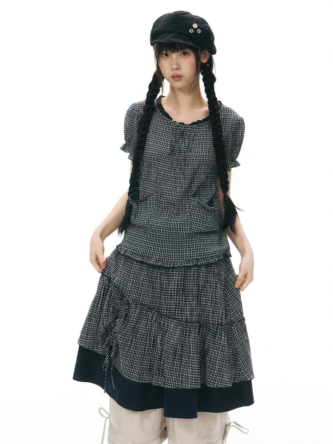 NAPSNAPS Plaid Colorblock Patchwork High Waist Women&