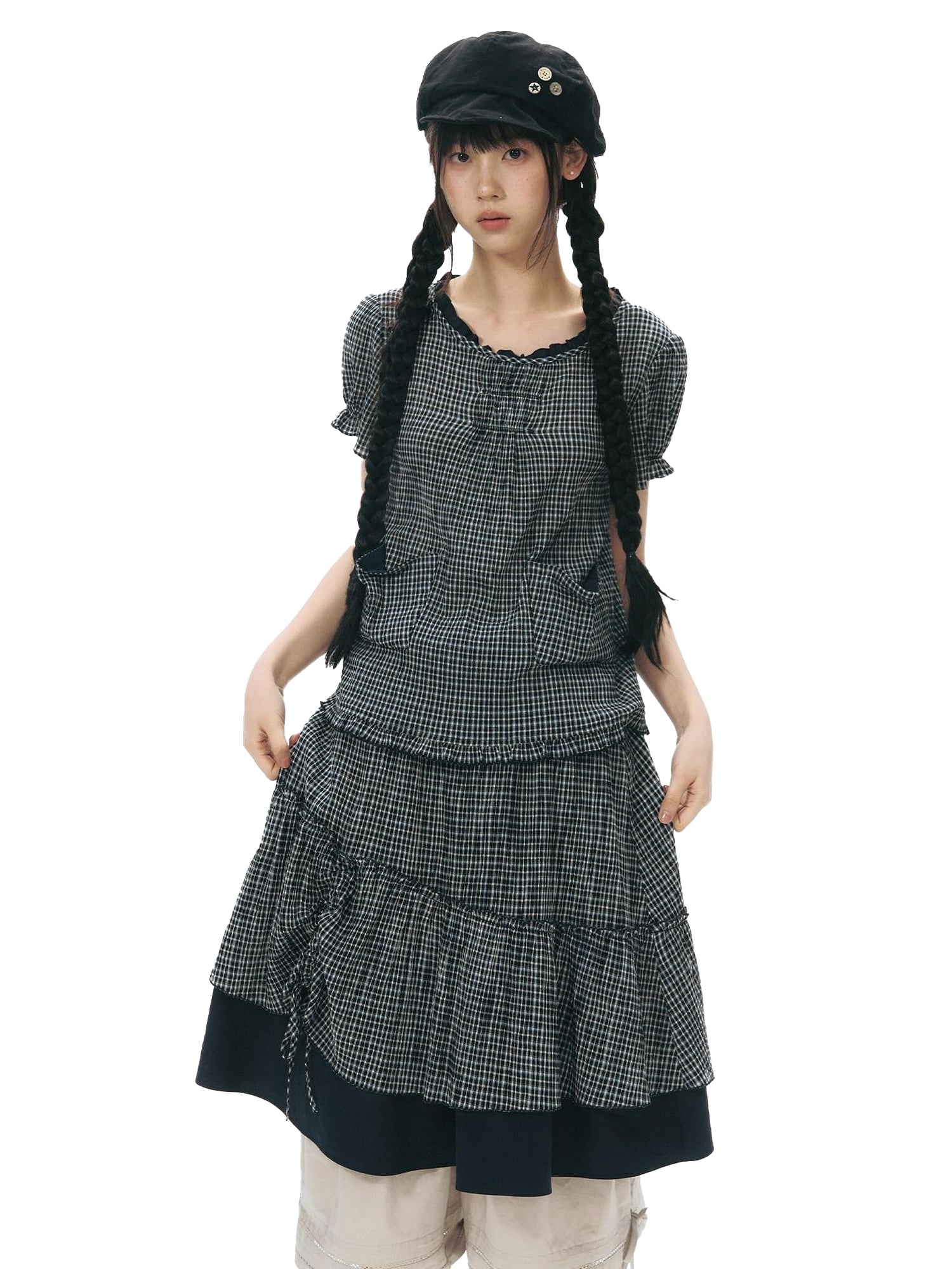 NAPSNAPS Plaid Colorblock Patchwork High Waist Women&