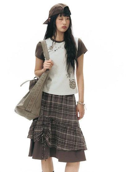 NAPSNAPS Plaid Colorblock Patchwork High Waist Women&