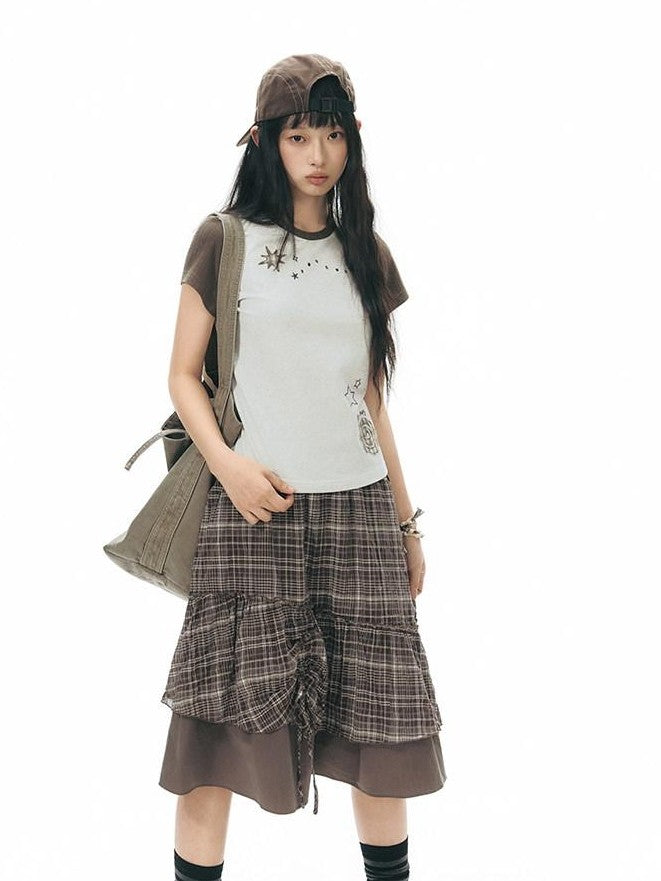 NAPSNAPS Plaid Colorblock Patchwork High Waist Women&