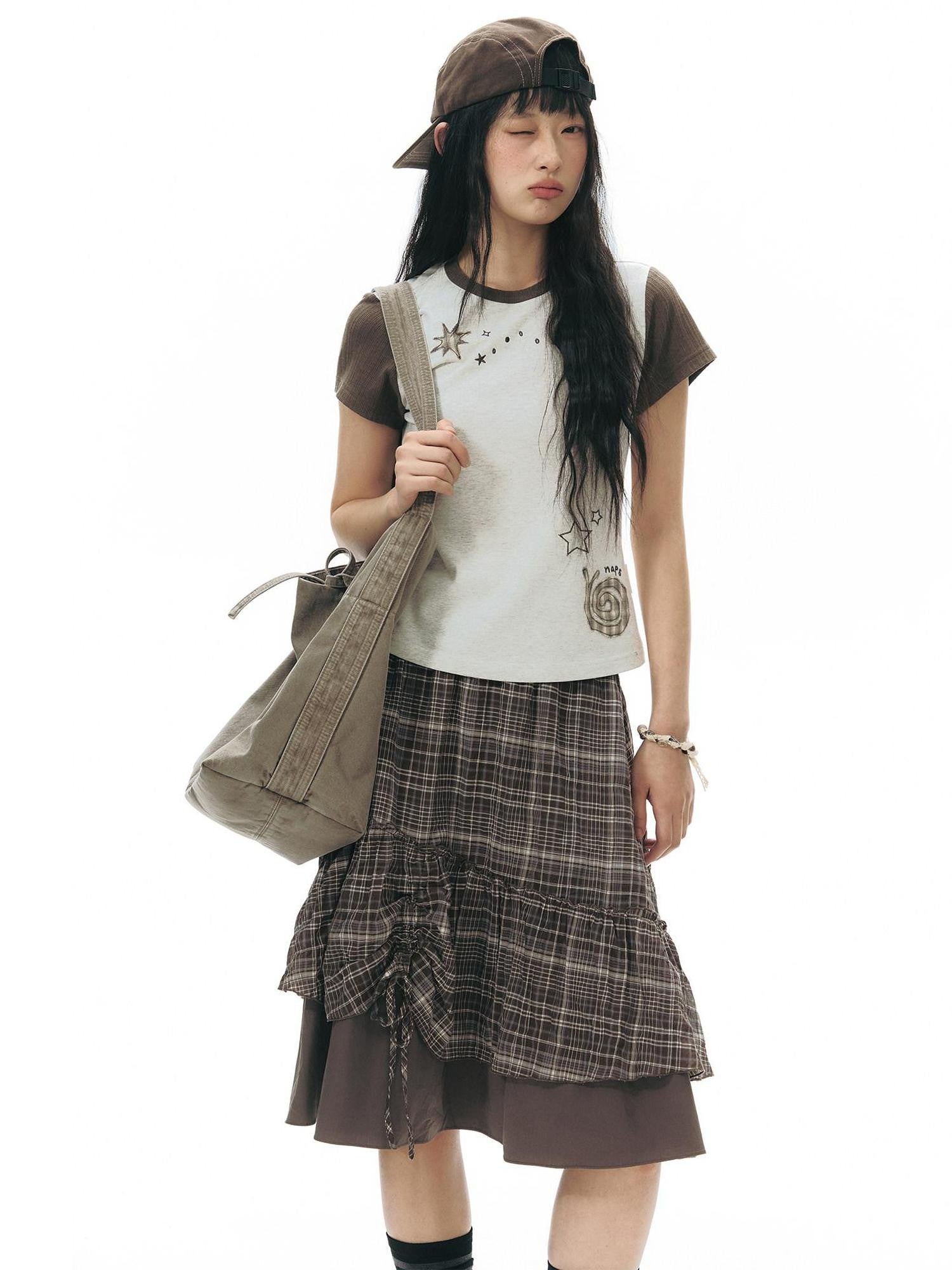 NAPSNAPS Plaid Colorblock Patchwork High Waist Women&