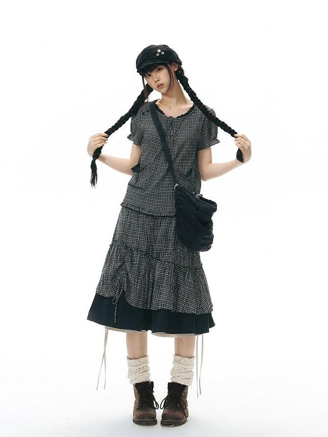 NAPSNAPS Plaid Colorblock Patchwork High Waist Women&