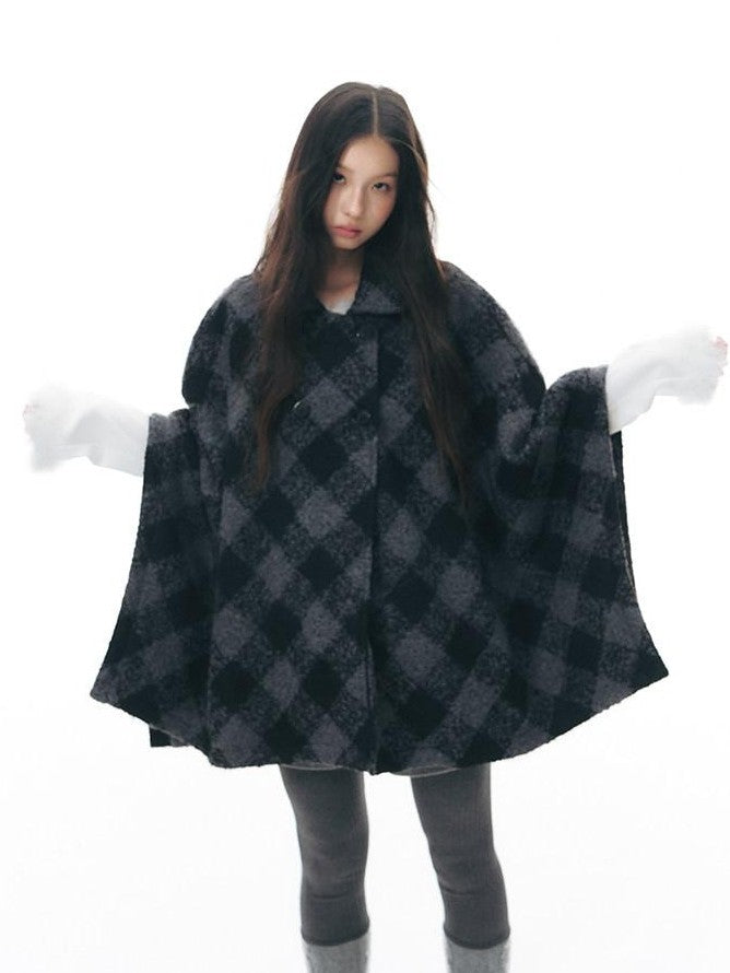 NAPSNAPS Plaid Detachable Fur Collar Double Breasted Lapel Women&