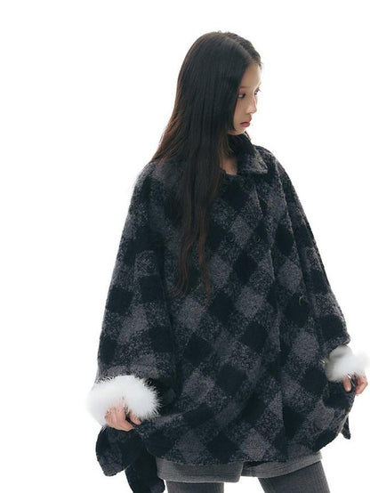NAPSNAPS Plaid Detachable Fur Collar Double Breasted Lapel Women&