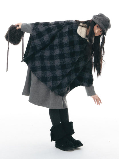 NAPSNAPS Plaid Detachable Fur Collar Double Breasted Lapel Women&