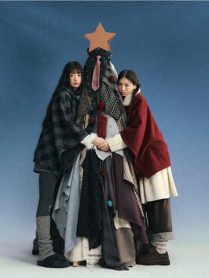 NAPSNAPS Plaid Detachable Fur Collar Double Breasted Lapel Women&