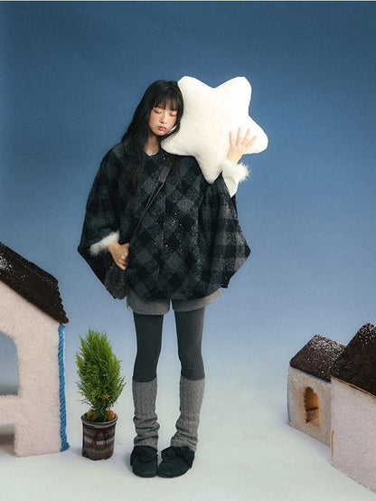 NAPSNAPS Plaid Detachable Fur Collar Double Breasted Lapel Women&