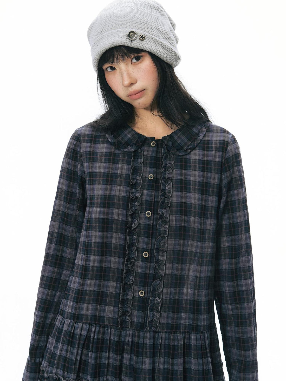 NAPSNAPS Plaid Doll Collar Ruffled Long Sleeve Women&
