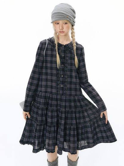 NAPSNAPS Plaid Doll Collar Ruffled Long Sleeve Women&
