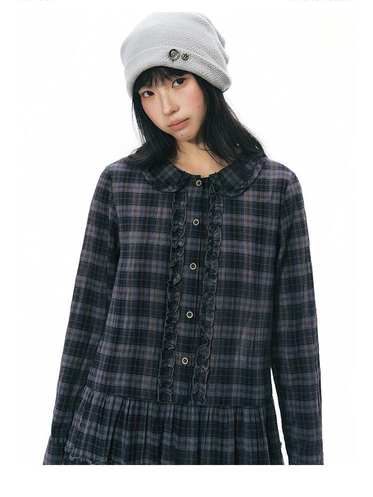 NAPSNAPS Plaid Doll Collar Ruffled Long Sleeve Women&