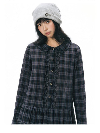 NAPSNAPS Plaid Doll Collar Ruffled Long Sleeve Women&