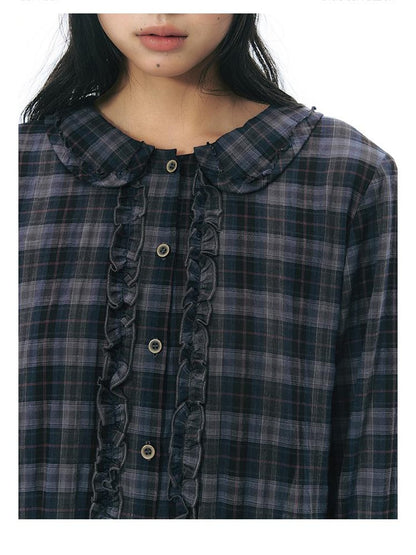 NAPSNAPS Plaid Doll Collar Ruffled Long Sleeve Women&