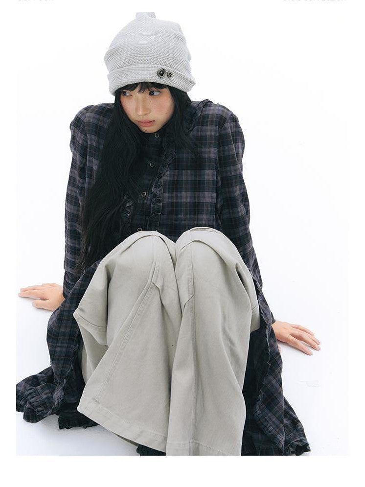 NAPSNAPS Plaid Doll Collar Ruffled Long Sleeve Women&