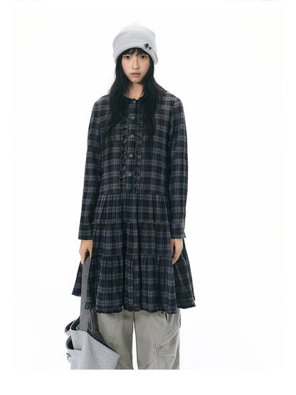 NAPSNAPS Plaid Doll Collar Ruffled Long Sleeve Women&