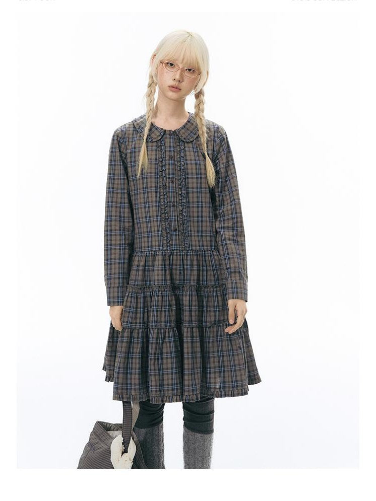 NAPSNAPS Plaid Doll Collar Ruffled Long Sleeve Women&