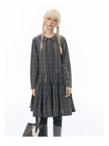NAPSNAPS Plaid Doll Collar Ruffled Long Sleeve Women&