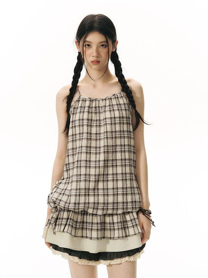 NAPSNAPS Plaid Drawstring Puff A Line Women&