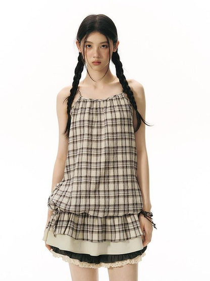 NAPSNAPS Plaid Drawstring Puff A Line Women&