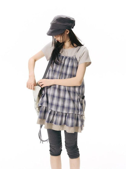 NAPSNAPS Plaid Drawstring Puff A Line Women&