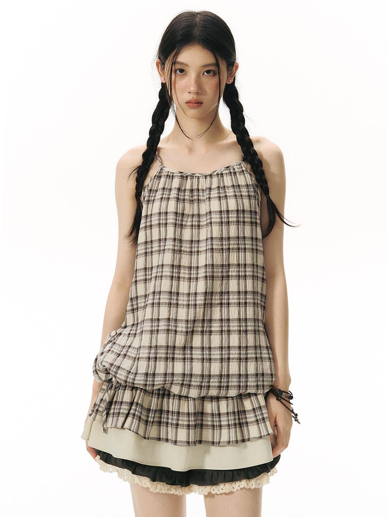 NAPSNAPS Plaid Drawstring Puff A Line Women&