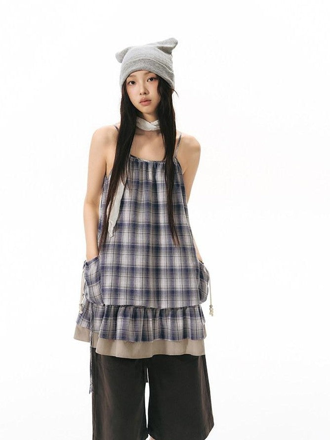 NAPSNAPS Plaid Drawstring Puff A Line Women&