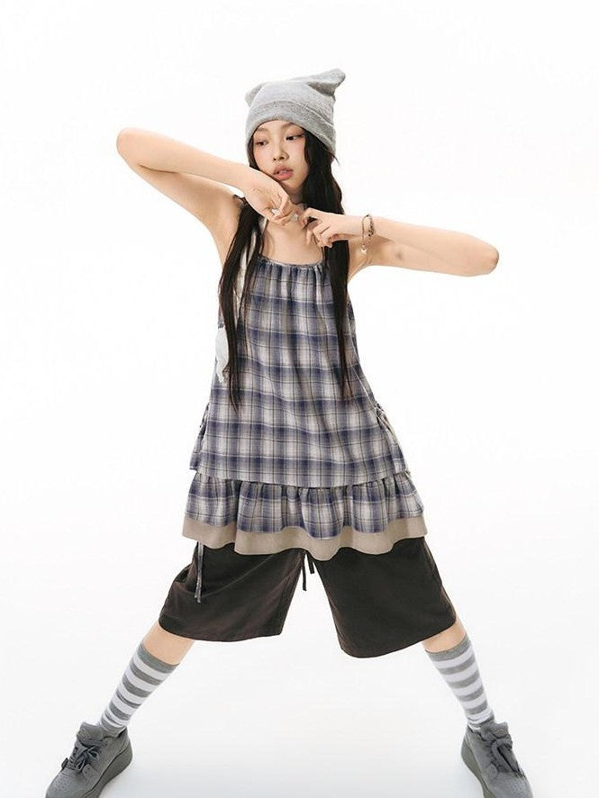NAPSNAPS Plaid Drawstring Puff A Line Women&