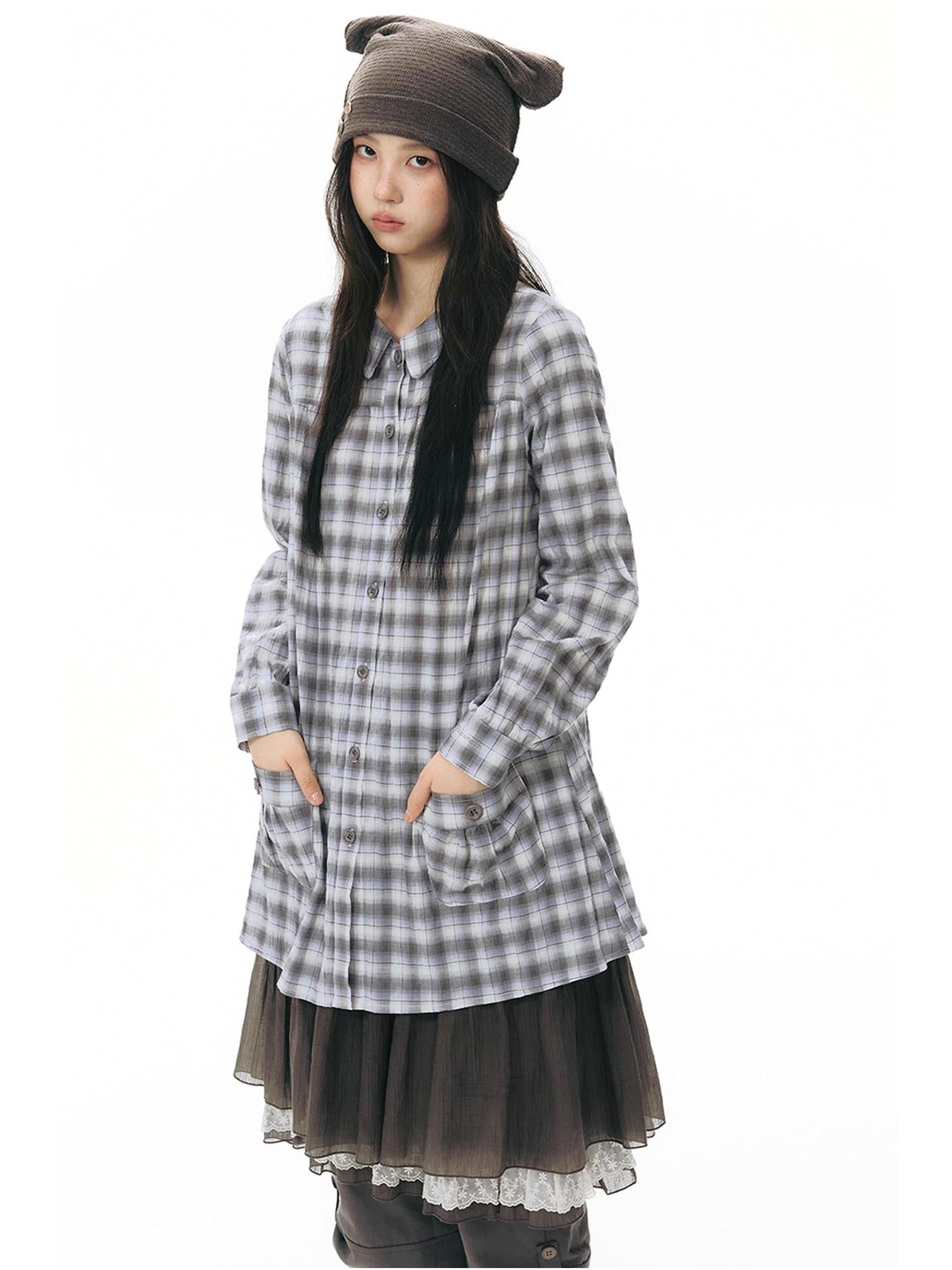 NAPSNAPS Plaid Embroidered Patch Pocket Mid Length Women&