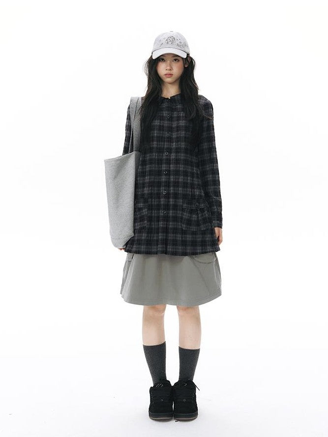 NAPSNAPS Plaid Embroidered Patch Pocket Mid Length Women&