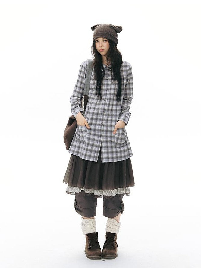 NAPSNAPS Plaid Embroidered Patch Pocket Mid Length Women&