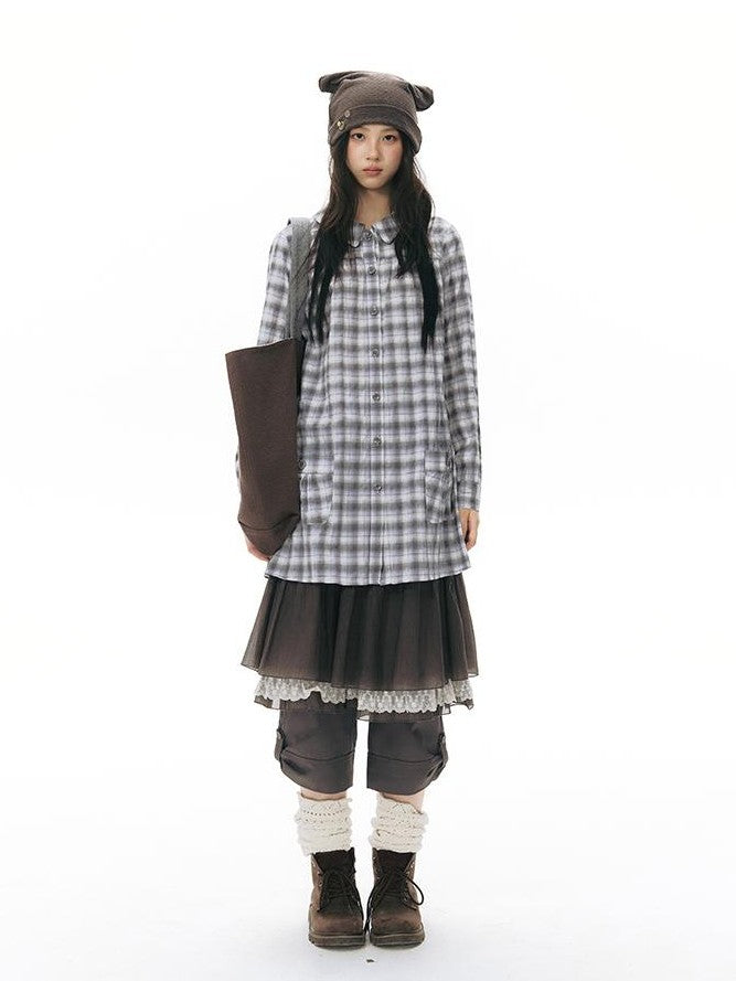 NAPSNAPS Plaid Embroidered Patch Pocket Mid Length Women&