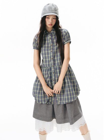 NAPSNAPS Plaid Embroidered Puff Sleeve Shirt Dress Women&